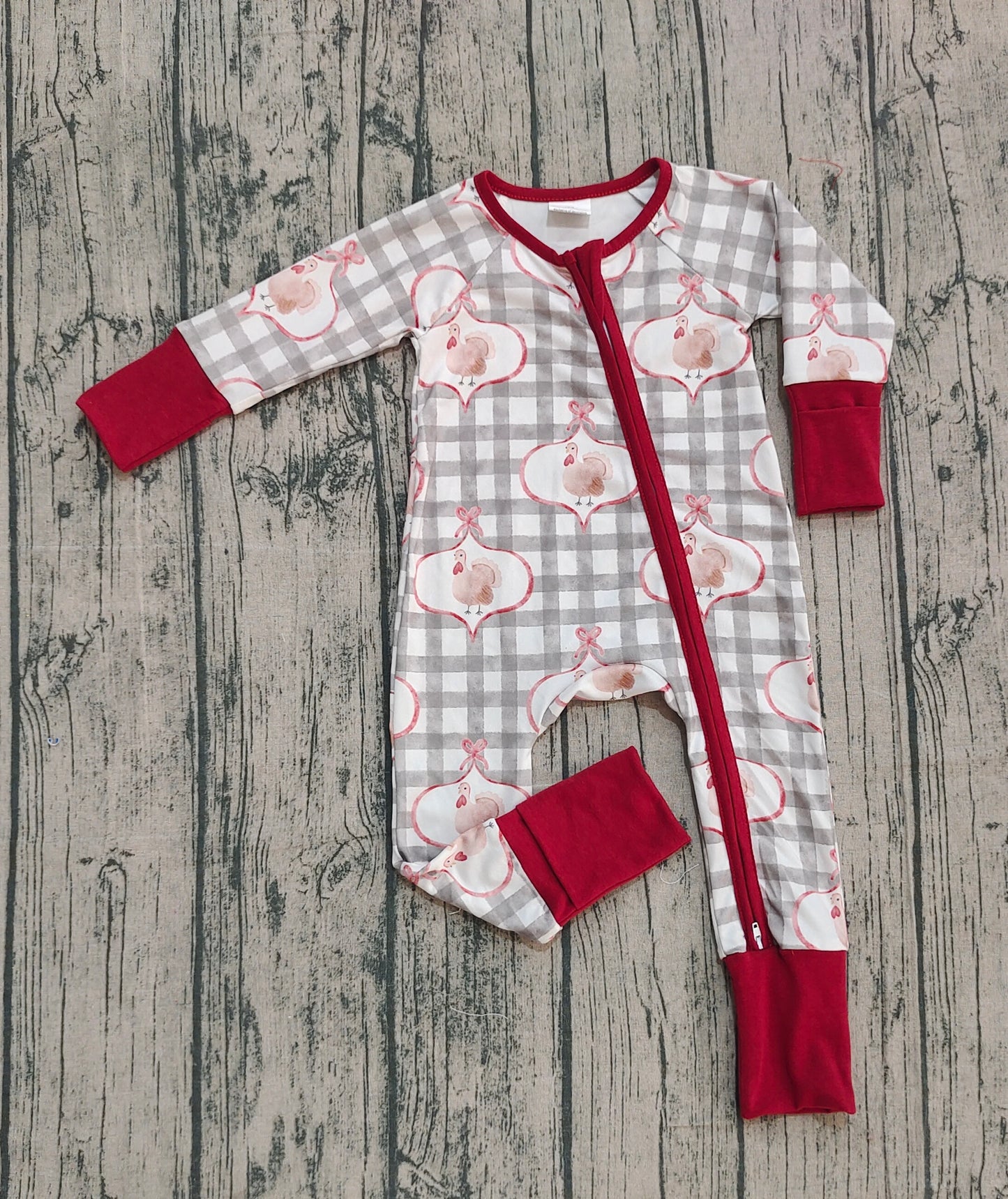 Girls Infant turky Bows Plaid Thanksgiving Zipper Sleeper Romper RTS