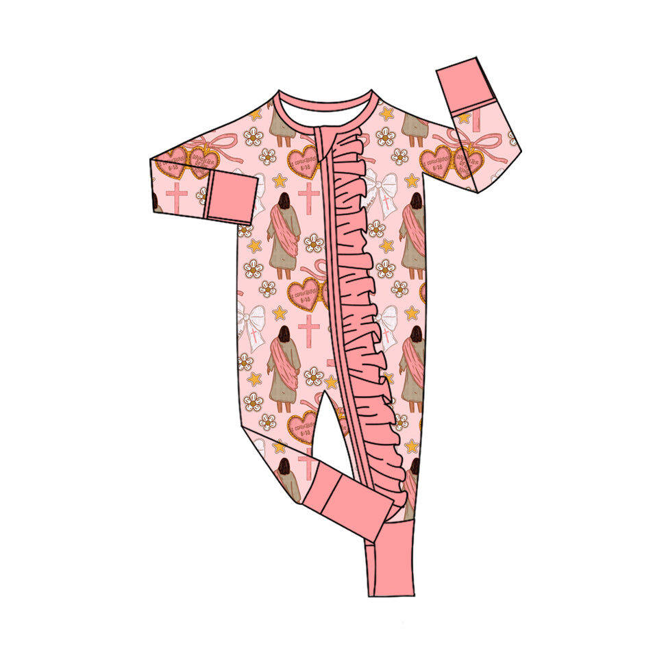 ( Moq 5 ) Preorder Girls Kids Nativity Crosses Bows Flower Christmas Ruffle Zipper Sleeper Romper