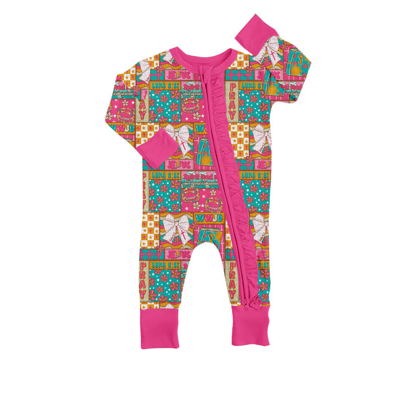 ( Moq 5 ) Preorder Girls Infant Long Sleeves Bows Flower Ruffle Zipper Christmas Romper