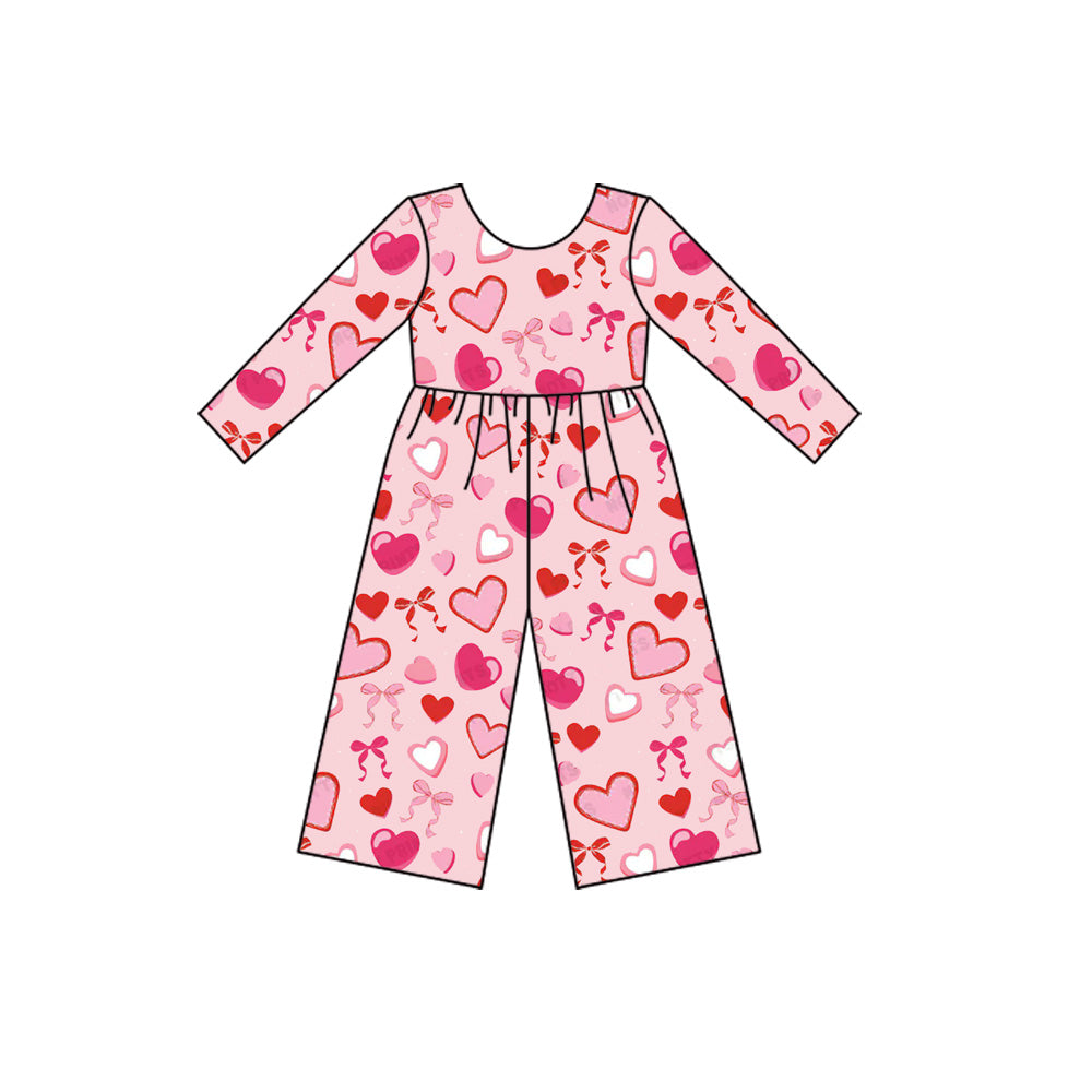 ( Moq 5 ) Preorder Girls Kids Long Sleeves Hearts Bows Valentine's Day Pink Jumpsuit