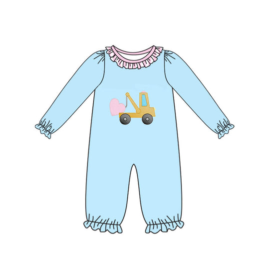 ( Moq 5 ) Preorder Girls Kids Blue Long Sleeves Trucks Heart Valentine's Day Ruffle Romper