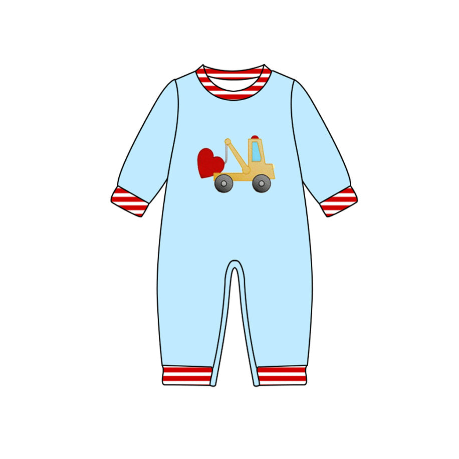 ( Moq 5 ) Preorder Boys Kids Blue Long Sleeves Trucks Heart Valentine's Day Romper