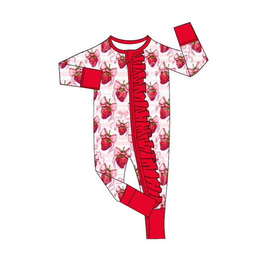( Moq 5 ) Preorder Girls Infant Strawberry Bows Valentine's Day Zipper Footie Sleeper Romper