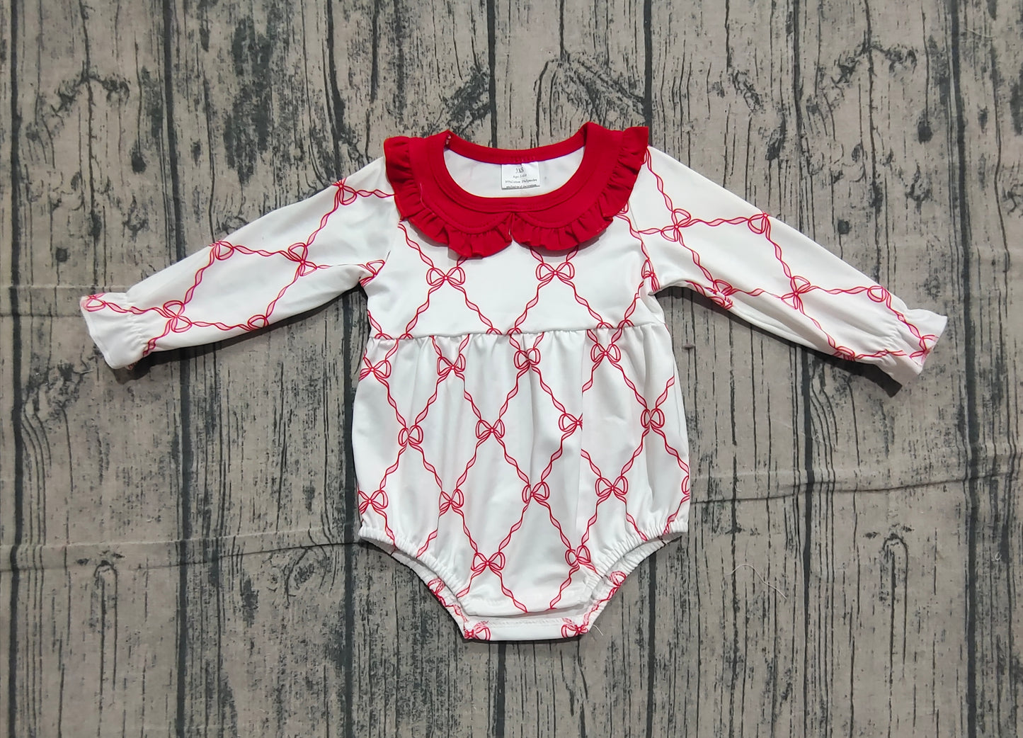 Baby Girls Infant Long Sleeves Red Bows Ruffle Bubble Romper RTS