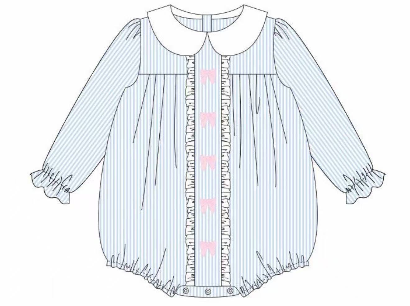 ( Moq 5 ) Preorder Girls Infant Long Sleeves Bows Stripes Bubble Romper