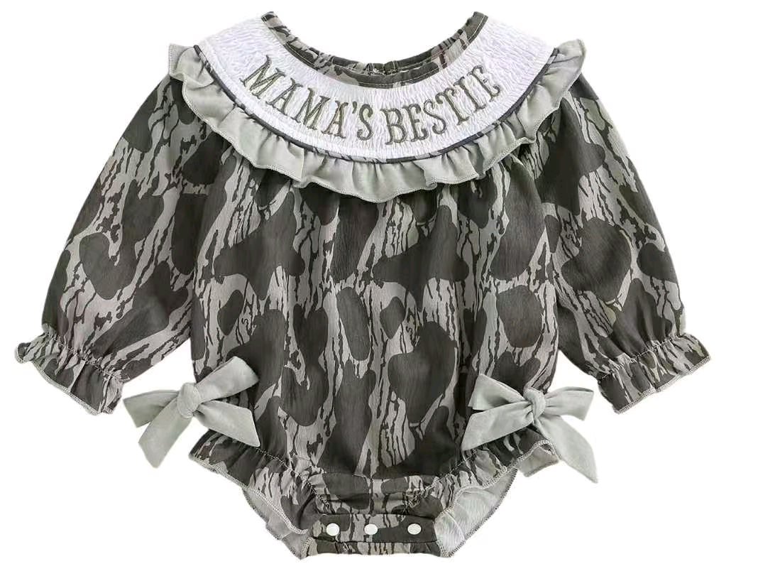 ( Moq 5 ) Preorder Girls Infant Long Sleeves Mama's Bestie Camo Bows Bubble Romper