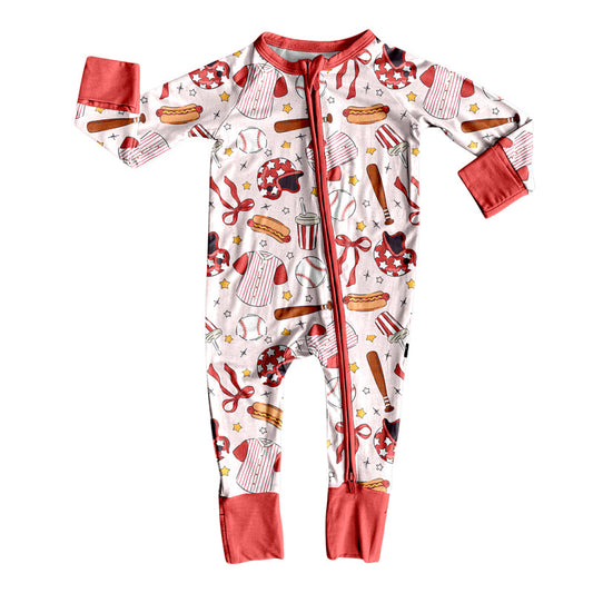 ( Moq 5 ) Preorder Girls Infant Long Sleeves Baseball Bows Zipper Sleeper Romper