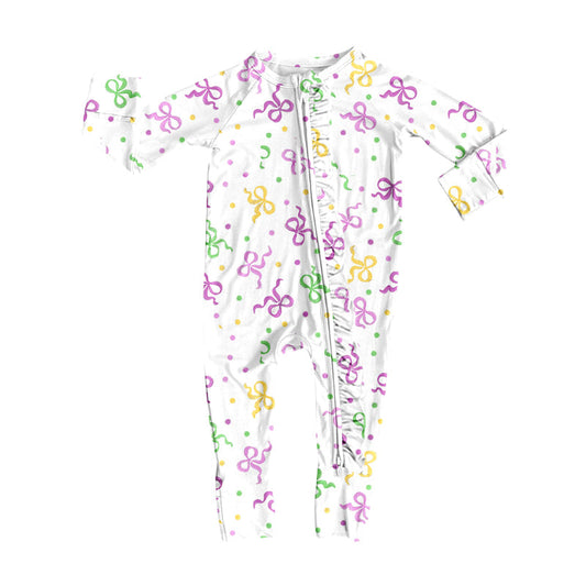 ( Moq 5 ) Preorder Girls Infant Long Sleeves Dots Bows Mardi Gras Zipper Sleeper Romper