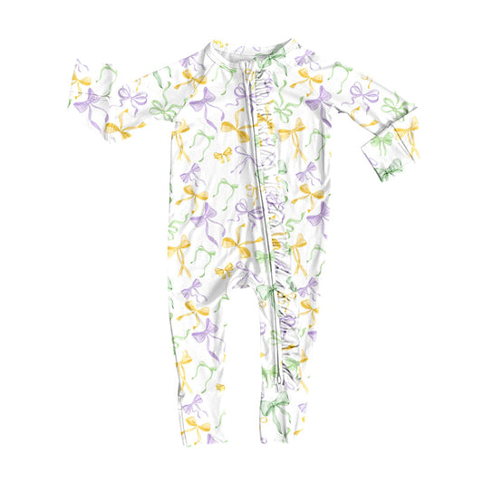 ( Moq 5 ) Preorder Girls Infant Long Sleeves Bows Mardi Gras Ruffle Zipper Sleeper Romper