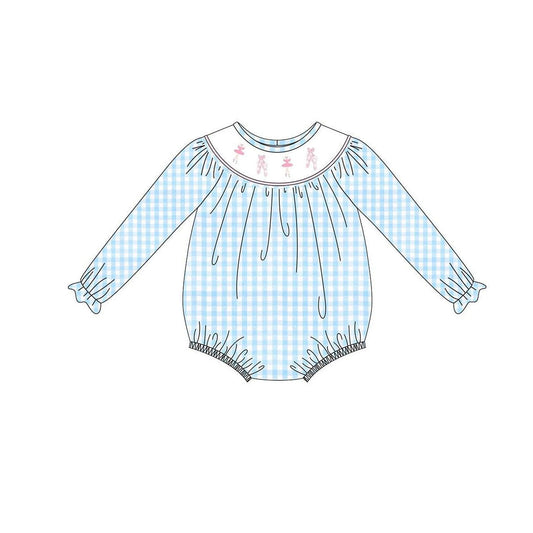 ( Moq 5 ) Preorder Girls Infant Long Sleeves Dance Blue Plaid Bubble Romper