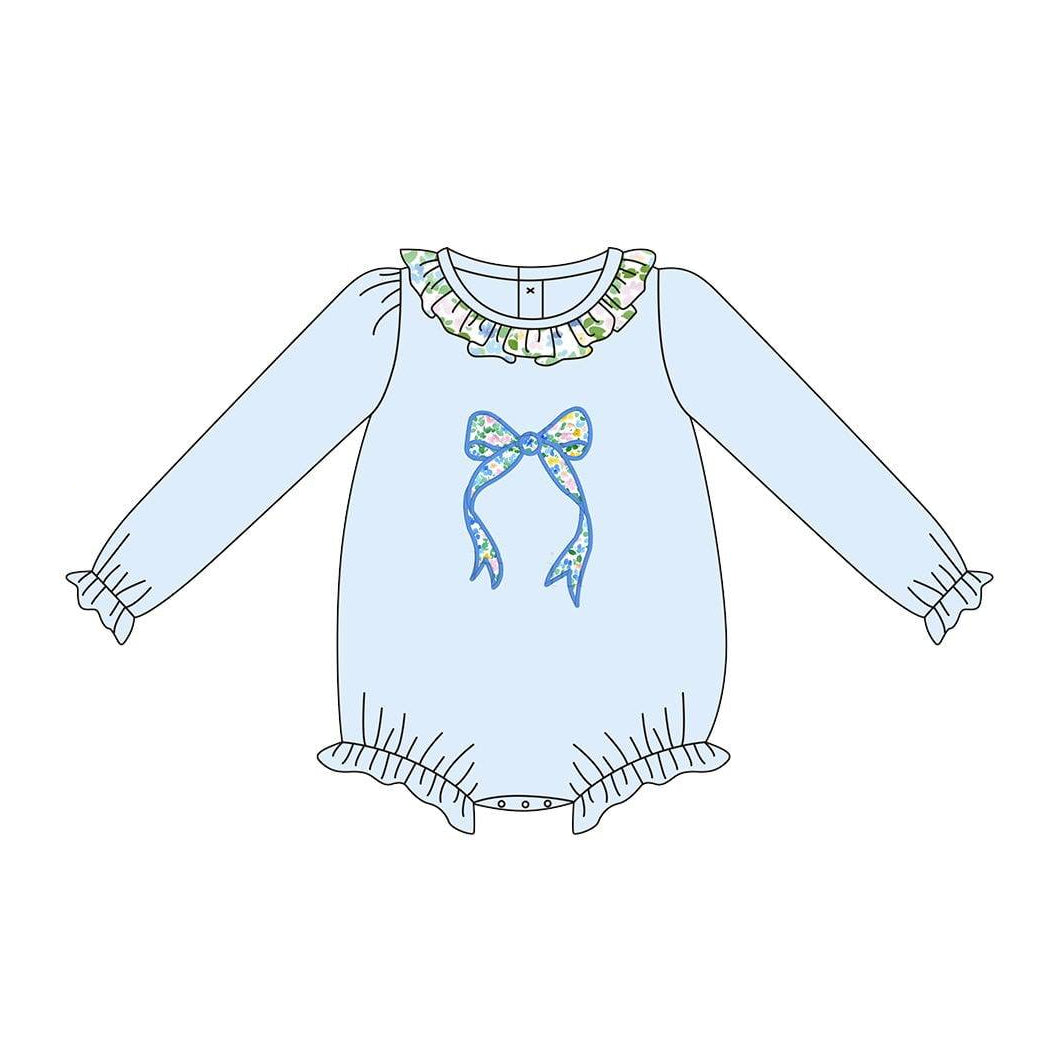 ( Moq 5 ) Preorder Girls Infant Long Sleeves Floral Bow Ruffle Blue Bubble Romper