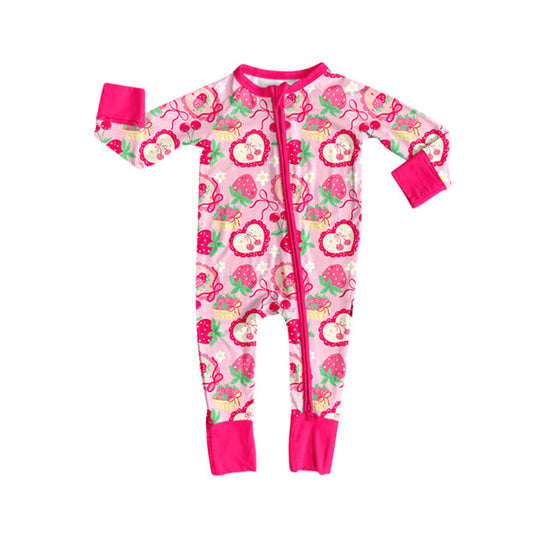 ( Moq 5 ) Preorder Girls Kids Strawberry Bows Flower Valentine's Day Zipper Sleeper Romper