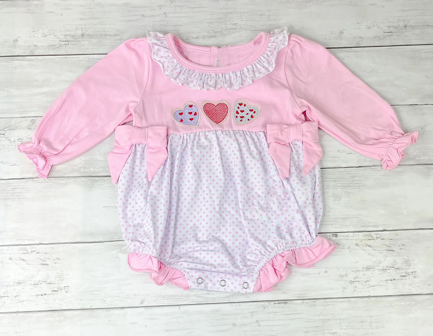 ( Moq 5 ) Preorder Baby Girls Infant Hearts Pink Bows Valentine's Day Bubble Romper