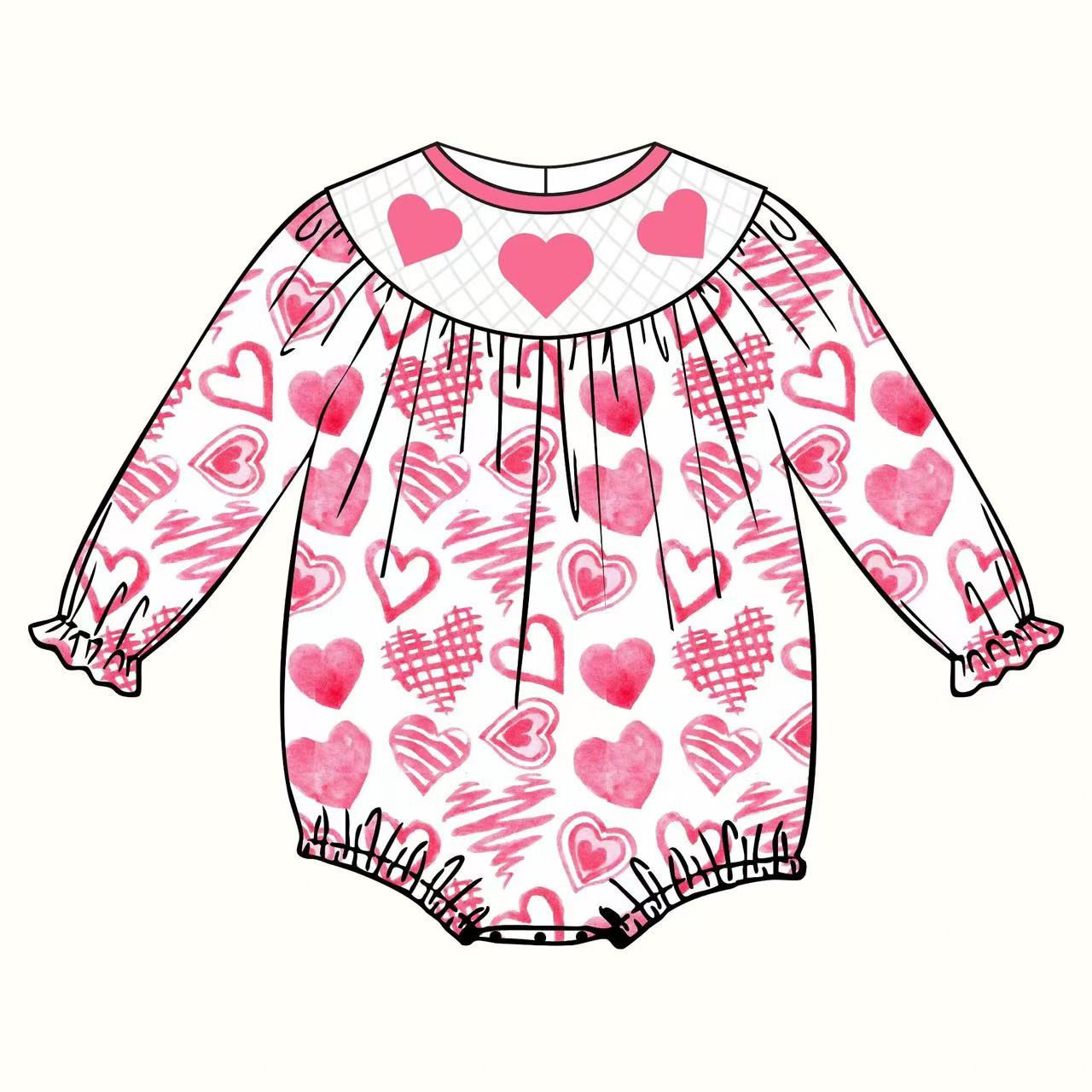 ( Moq 5 ) Preorder Girls Infant Long Sleeves Hearts Valentine's Day Bubble Romper