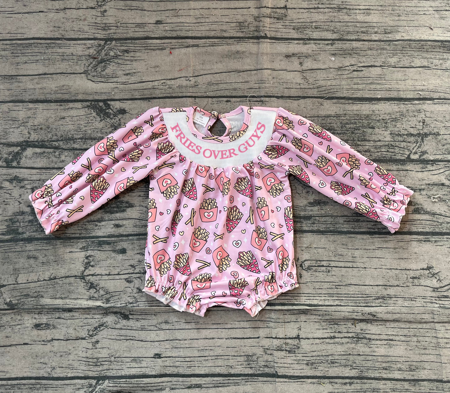 ( No moq ) Preorder Girls Infant Embroidery Fries Over Guys Hears Bows Valentine Smocked Bubble Romper