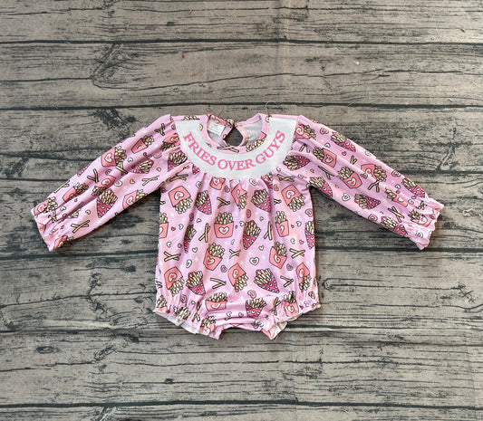 ( No moq ) Preorder Girls Infant Embroidery Fries Over Guys Hears Bows Valentine Smocked Bubble Romper