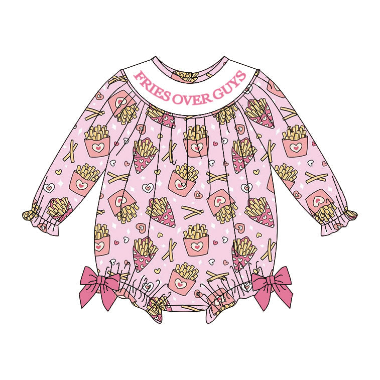 ( Moq 5 ) Preorder Girls Infant Long Sleeves Fries Over Guys Hears Bows Valentine's Day Bubble Romper