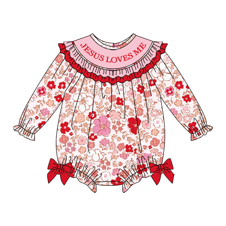 ( Moq 5 ) Preorder Girls Infant Long Sleeves Jesus Loves Me Flower Bows Bubble Romper