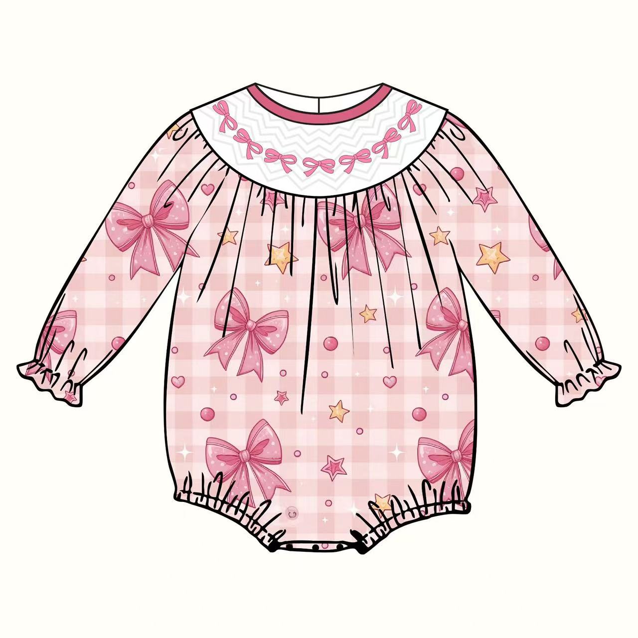 ( Moq 5 ) Preorder Girls Infant Long Sleeves Bows Stars Plaid Bubble Romper