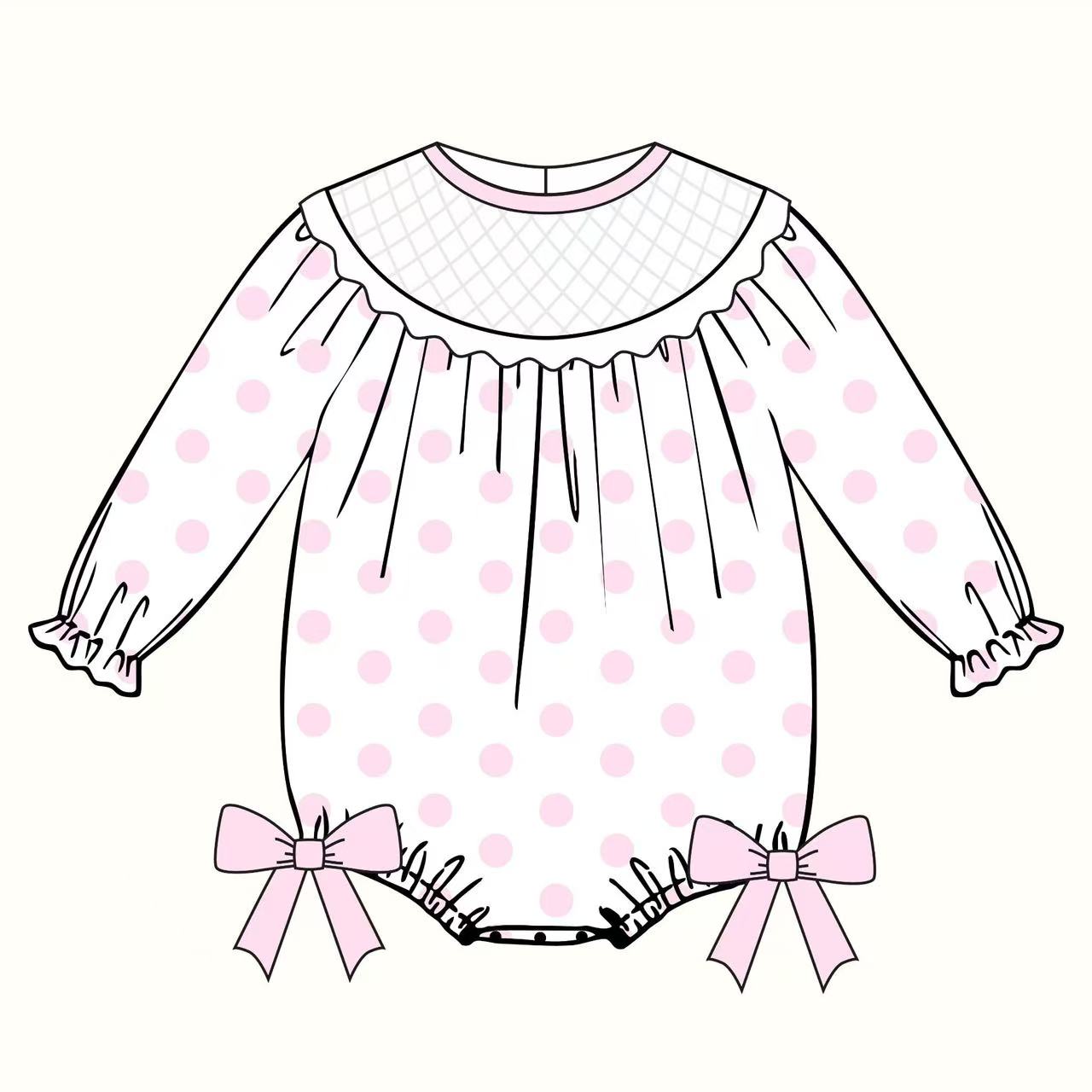 ( Moq 5 ) Preorder Girls Infant Long Sleeves Pink Dots Bows Bubble Romper