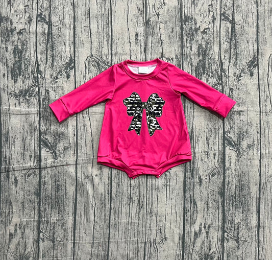 ( No moq ) Preorder Baby Girls Infant Pink Long Sleeve Camo Bow Bubble Romper