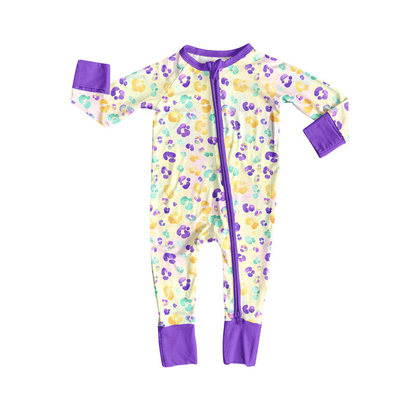 ( Moq 5 ) Preorder Girls Infant Long Sleeves Leopard Mardi Gras Purple Zipper Romper