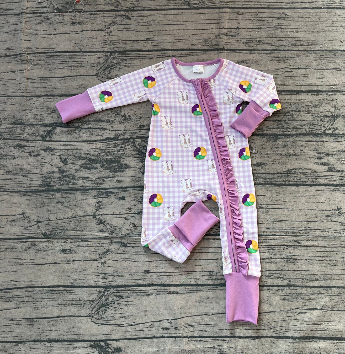 ( No moq ) Preorder Girls Infant Long Sleeves Donuts Boots Purple Zipper Mardi Gras Romper