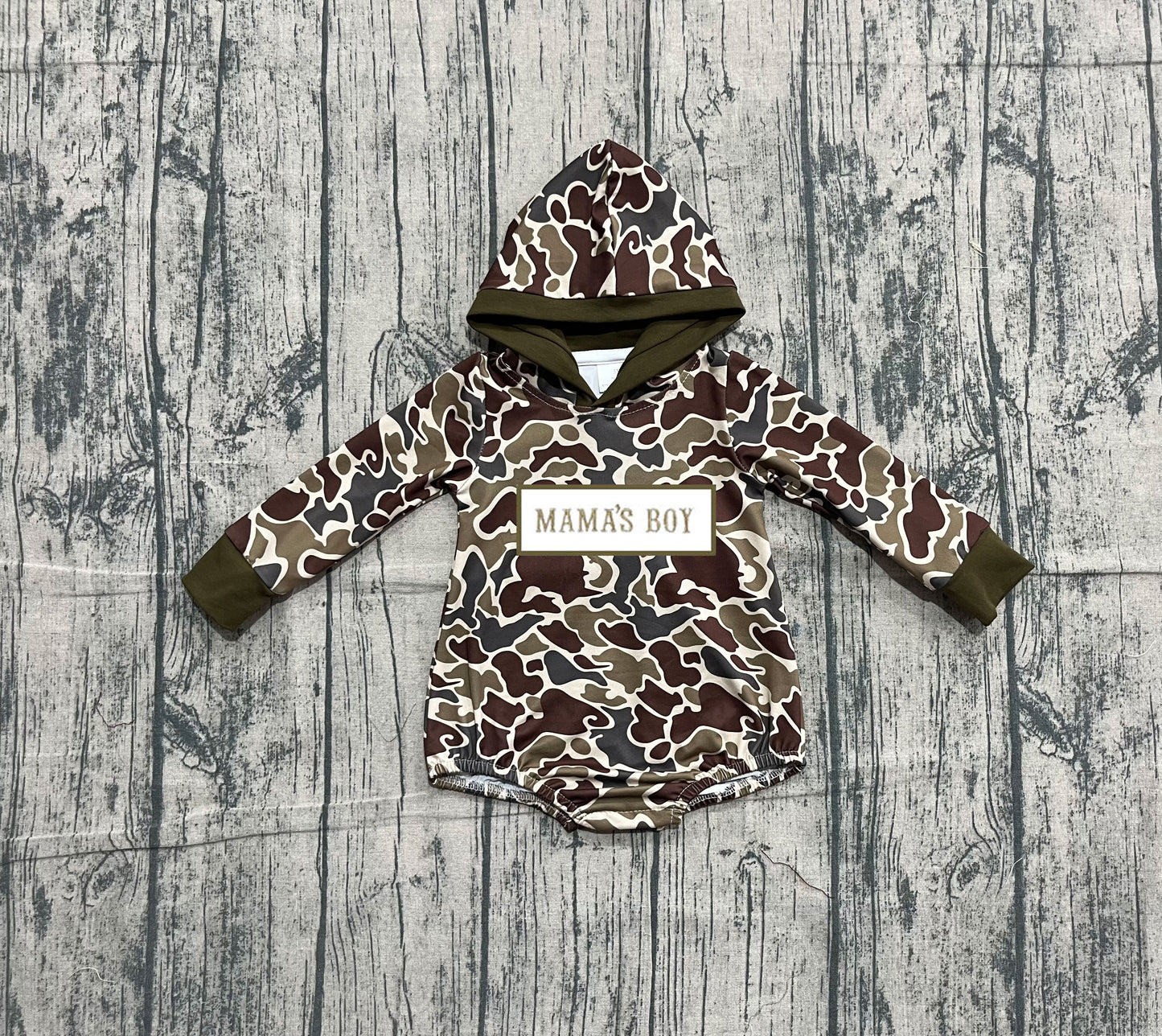 ( No moq ) Preorder Baby Boys Infant Embroidery Mama's Boy Camo Green Hoodie Bubble Romper