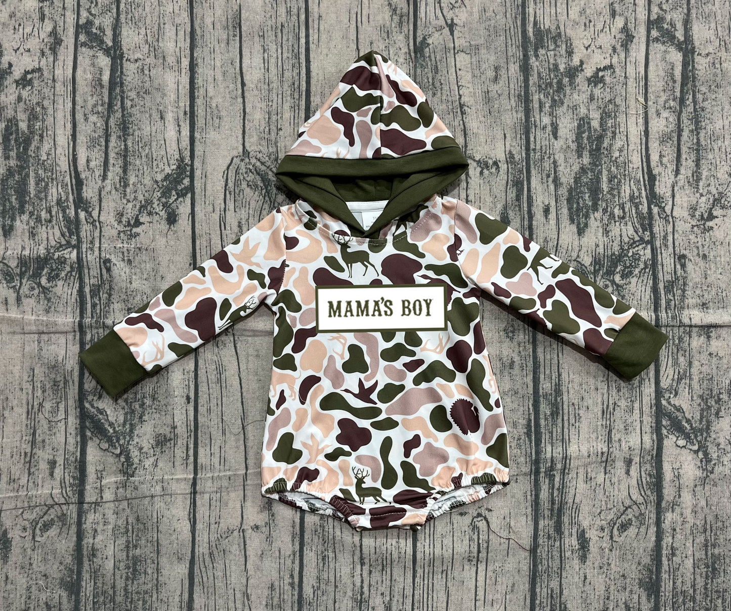 Baby Boys Embroidery Mama's Boy Hoodie Ducks Dogs Camo Bubble Romper RTS