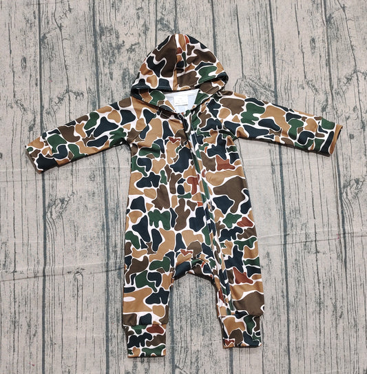 ( No moq ) Preorder Baby Boys Long Sleeves Brown Camo Zipper Hoodie Southern Romper