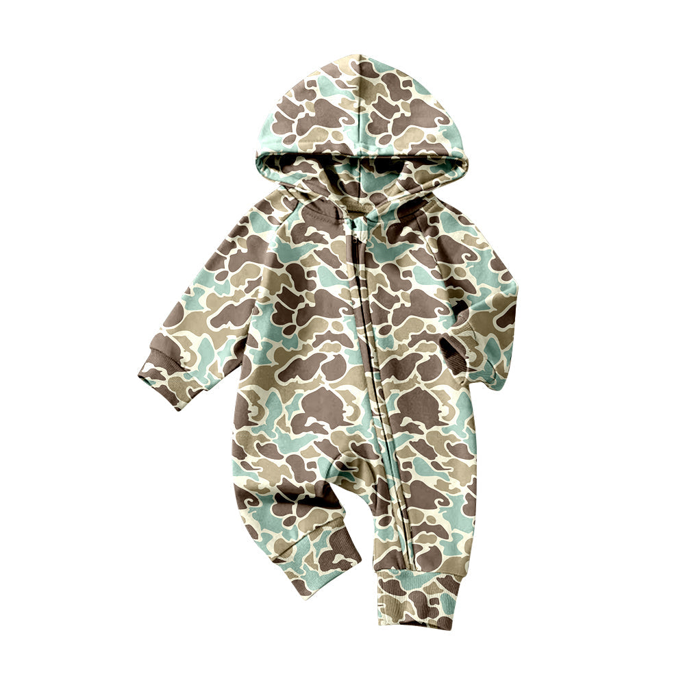 ( Moq 5 ) Preorder Baby Boys Long Sleeves Green Camo Zipper Hoodie Southern Romper