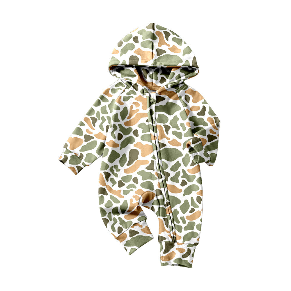 ( Moq 5 ) Preorder Baby Boys Long Sleeves Green Orange Camo Zipper Hoodie Southern Romper