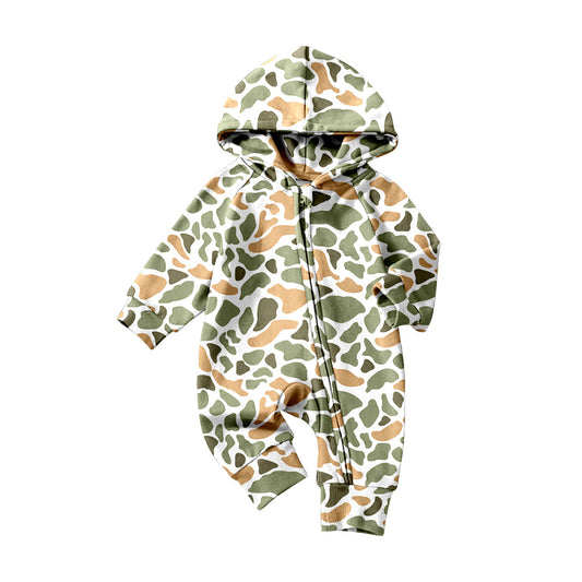 ( Moq 5 ) Preorder Baby Boys Long Sleeves Green Orange Camo Zipper Hoodie Southern Romper