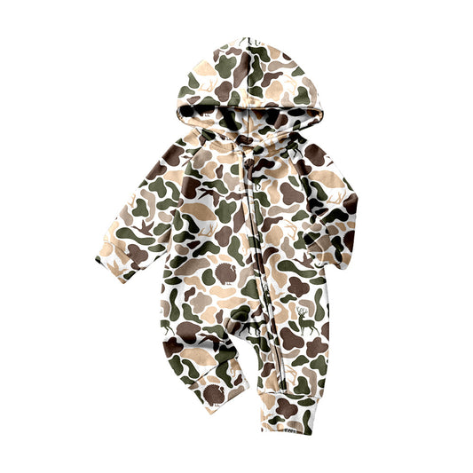 ( Moq 5 ) Preorder Baby Boys Long Sleeves Dogs Deer Camo Zipper Hoodie Southern Romper