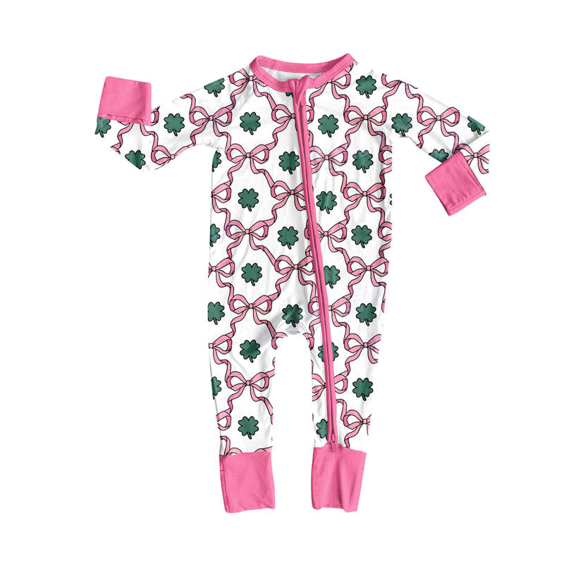 ( Moq 5 ) Preorder Baby Girls Bows Clovers St Patrick Zipper Footie Sleeper Romper