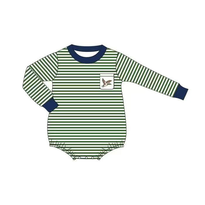 ( Moq 5 ) Preorder Baby Boys Green Stripes Duck Pocket Hunting Romper