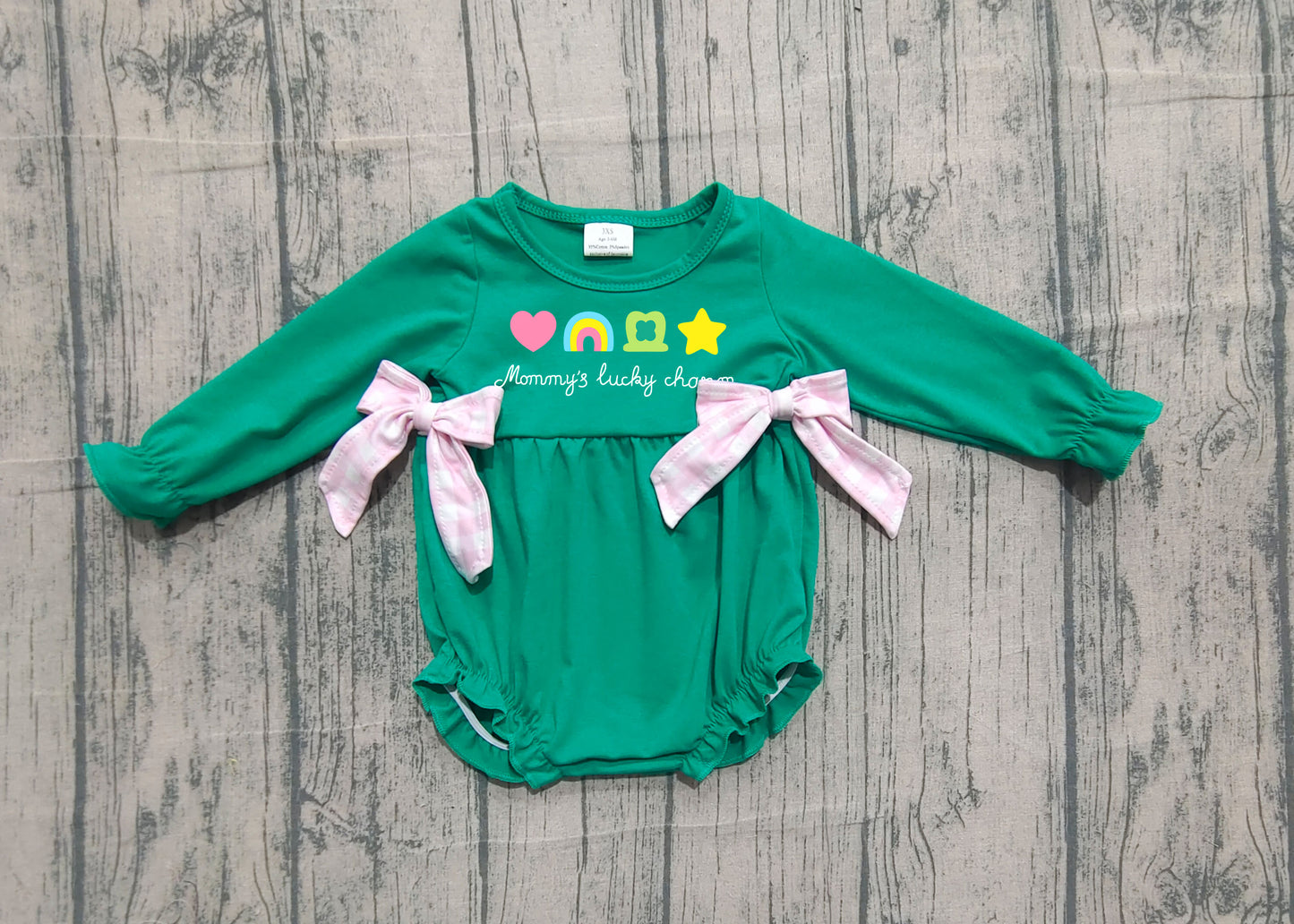 ( No moq ) Preorder Baby Girls Green Long Sleeves Clovers Bows St Patrick Bubble Romper