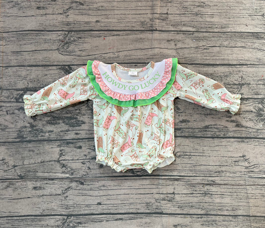 ( No moq ) Preorder Baby Girls Long Sleeve Embroidery Howdy Boots Green Bubble Ruffle Romper