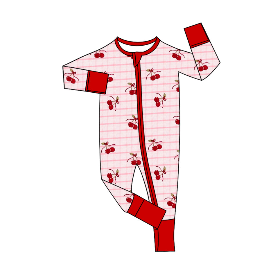 ( Moq 5 ) Preorder Baby Girls Long Sleeves Cherry Bows Zipper Footie Sleeper Romper