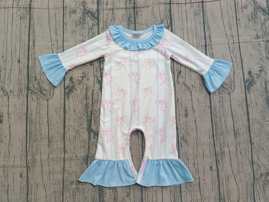 ( No moq ) Preorder Baby Girls Infant Long Sleeves Bows Stripes Blue Ruffle Romper