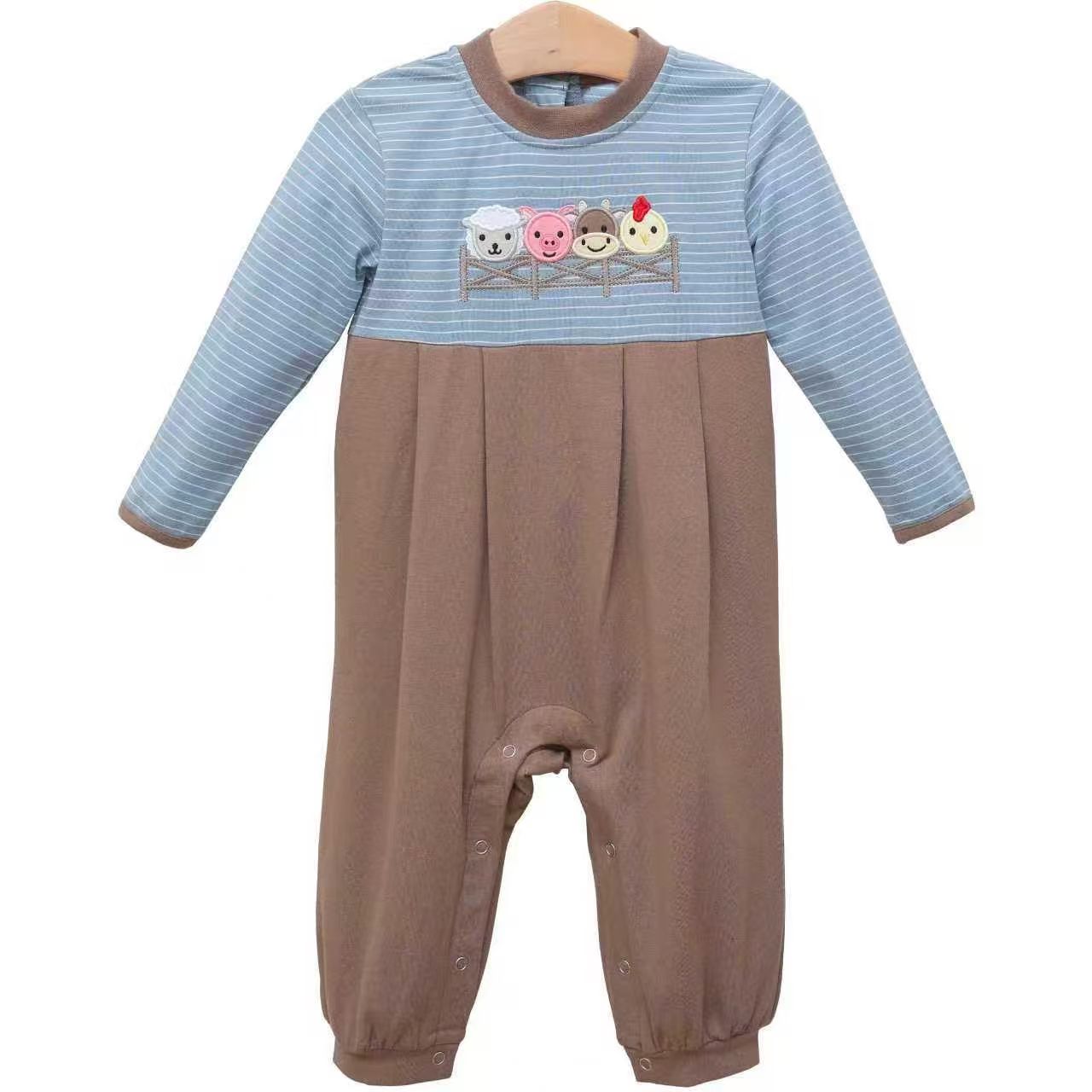 ( Moq 5 ) Preorder Baby Boys Farm Animals Stripes Buttons Romper