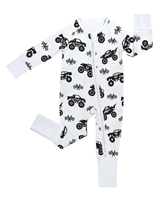( Moq 5 ) Preorder Baby Boys Infant Long Sleeves Trucks Print Zipper Sleeper White Footie Romper