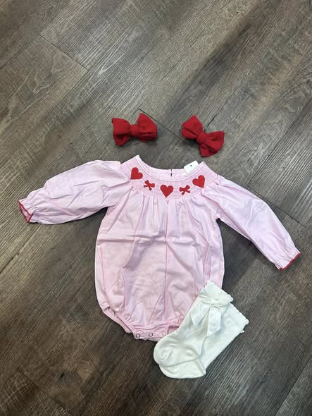 ( Moq 5 ) Preorder Baby Girls Long Sleeves Hearts Bows Valentine's Day Pink Bubble Romper