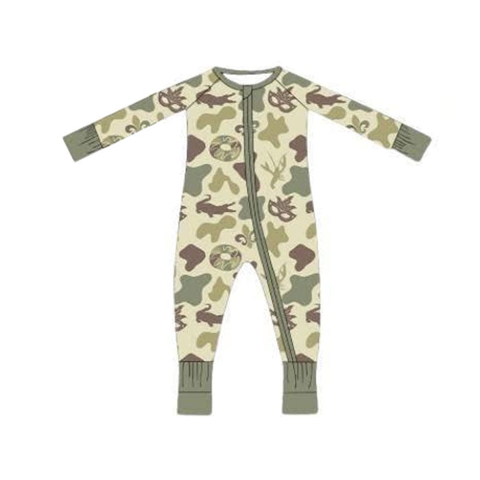 ( Moq 5 ) Preorder Baby Boys Green Camo Donuts Masks Mardi Gras Zipper Footie Romper