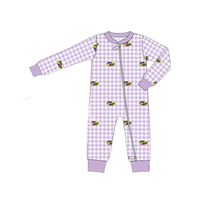( Moq 5 ) Preorder Baby Boy Donuts Purple Plaid Mardi Gras Zipper Sleeper Romper