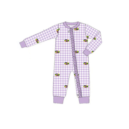 ( Moq 5 ) Preorder Baby Girls Donuts Purple Plaid Mardi Gras Ruffle Zipper Sleeper Romper