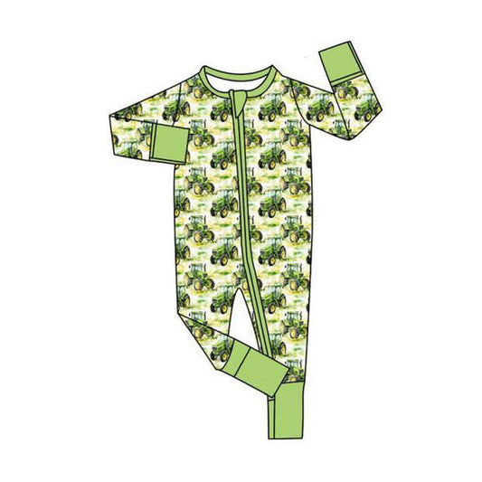 ( Moq 5 ) Preorder Baby Boys Tractors Farm Green Zipper Footie Sleeper Romper