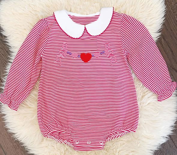( Moq 5 ) Preorder Baby Girls Long Sleeves Bows Hearts Stripes Valentine Bubble Romper