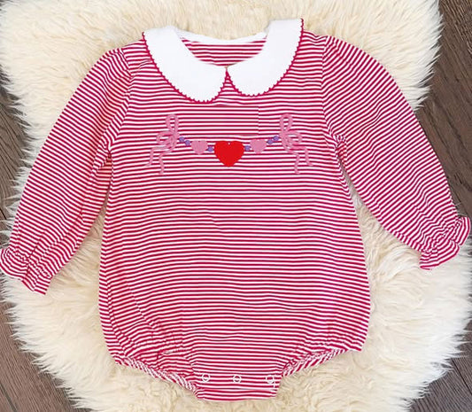 ( Moq 5 ) Preorder Baby Girls Long Sleeves Bows Hearts Stripes Valentine Bubble Romper
