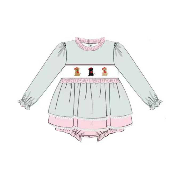 ( Moq 5 ) Preorder Baby Girls Long Sleeves Dogs Hearts Valentine Ruffle Bubble Romper